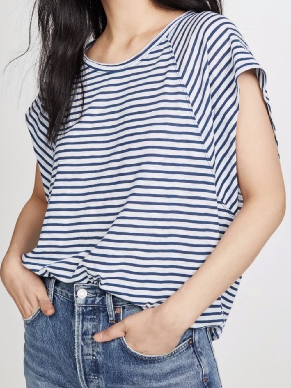 NWOT! FREE PEOPLE WE THE FREE SHORT SLEEVE WHITE BLUE STRIPED HALO TEE TOP MED